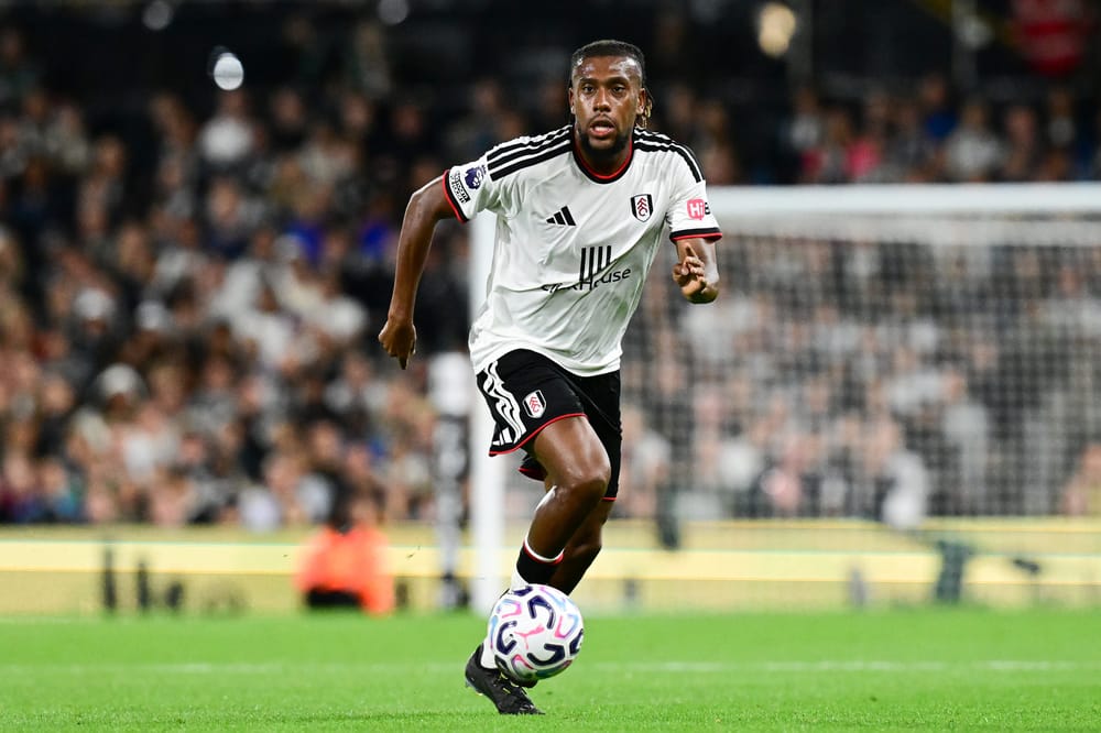 Fulham forward Alex Iwobi (17) sprints forward with the ball during the Premier League match between Fulham and Chelsea at Craven Cottage, London, UK on 24 August 2026.