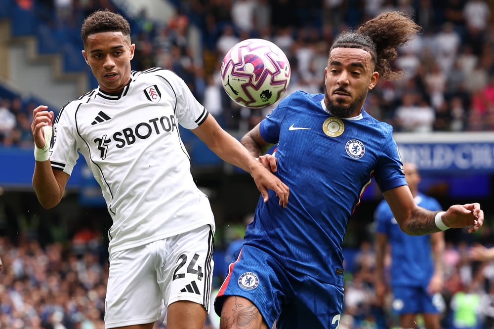 Joshua King of Fulham and Malo Gusto of Chelsea during the Premier League match between Chelsea and Fulham at Stamford Bridge, London, England on 30 August 2025.
