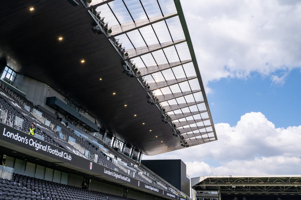 The new Riverside Stand ahead of the Premier League match between Fulham and Crystal Palace at Craven Cottage, London, England on 20 May 2023.