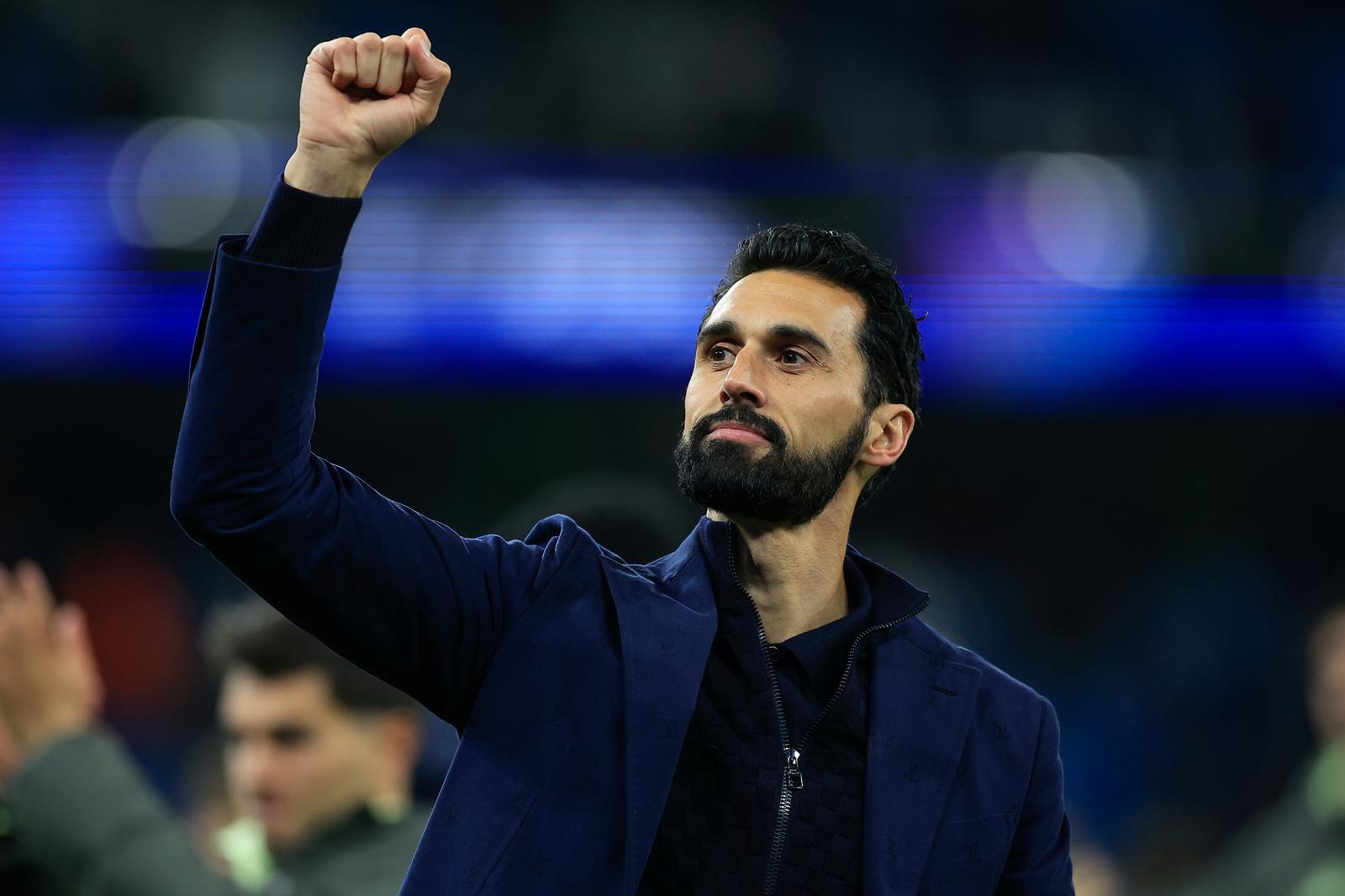 Alvaro Arbeloa the Real Madrid manager celebrates the 1-2 victory at the end of the Champions League match between Manchester City and Real Madrid at the Etihad Stadium, Manchester, UK on 17 March 2026.